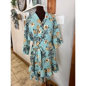 Birdy Grey Floral Wrap Robe Sage Green Blue Bell Sleeve Ruffle Hem Womens M L